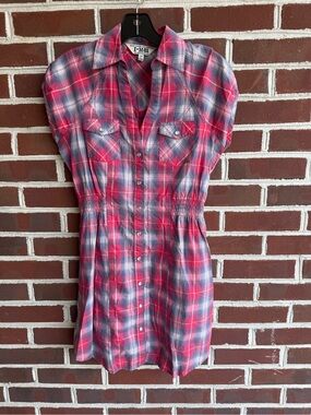 I❤H81 Y2K Pink Plaid Button-Down Shirt Dress Cap Sleeve Elastic Waist Small